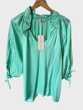 Sofia made in Italy Mint Green Ruffled V-Neck Blouse